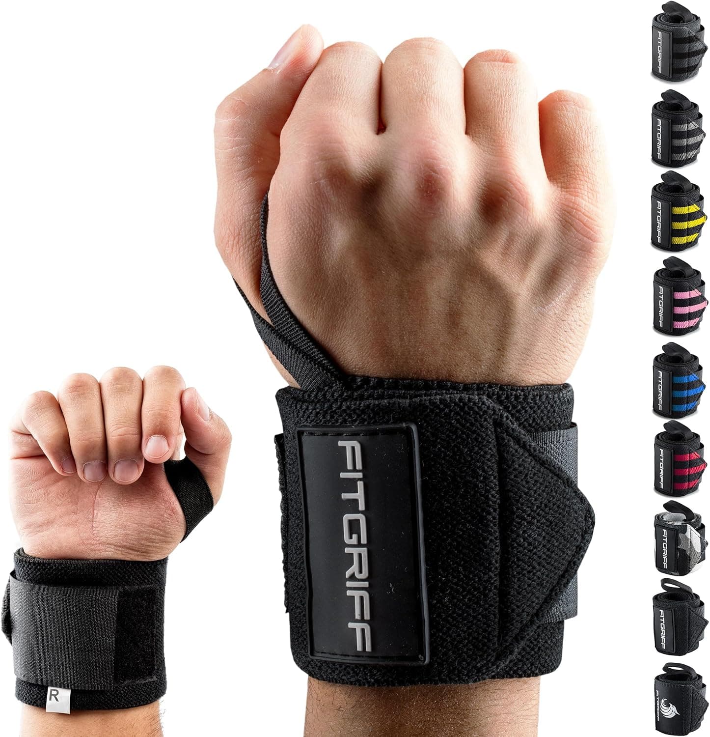 Fitgriff Wrist Wraps for Weightlifting (18") Heavy-Duty Support for Gym, Bench Press and Pushups (1 Pair) - for Men and Women (Black)