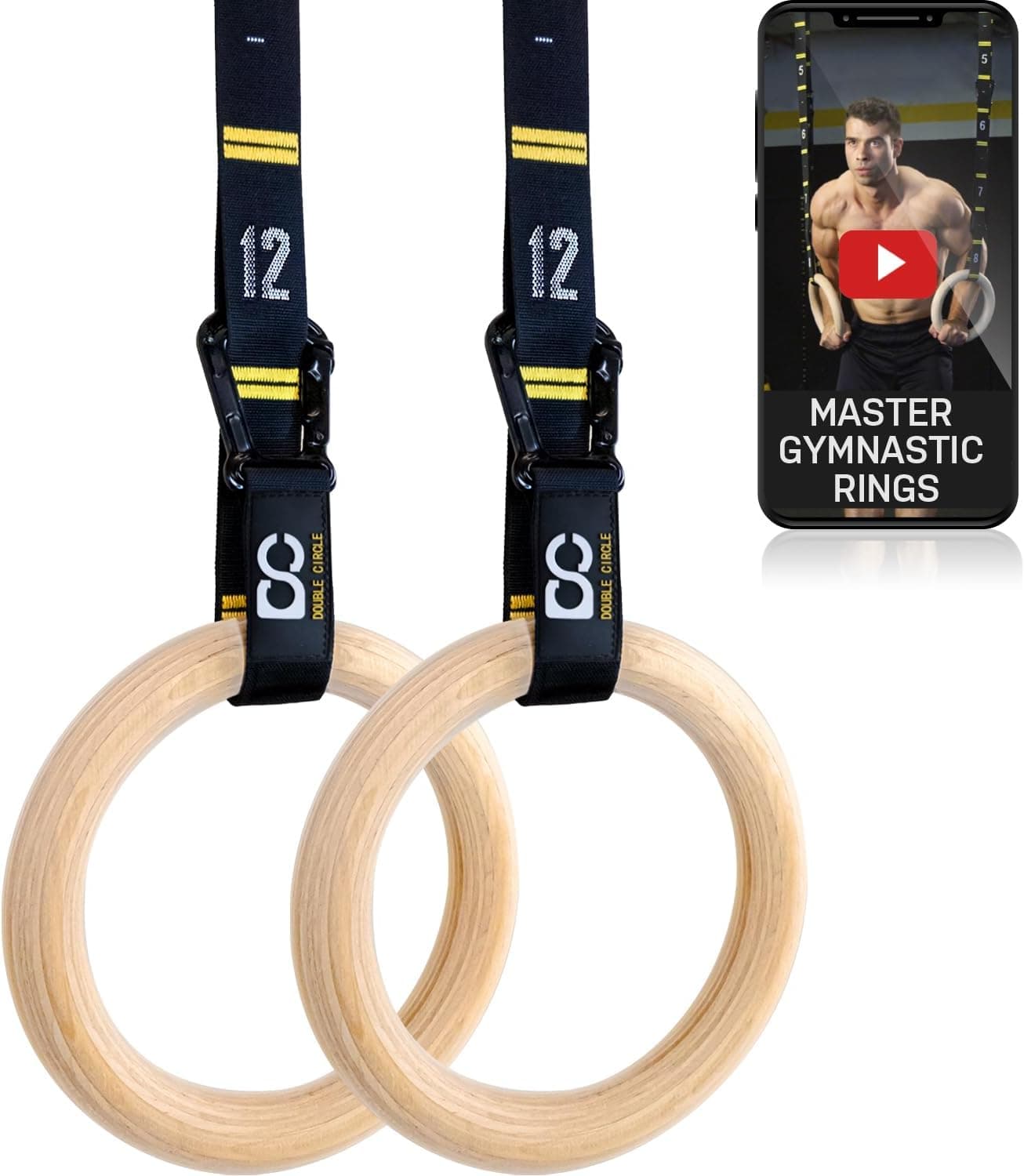 Double Circle Wood Gymnastics Rings with Numbered Straps