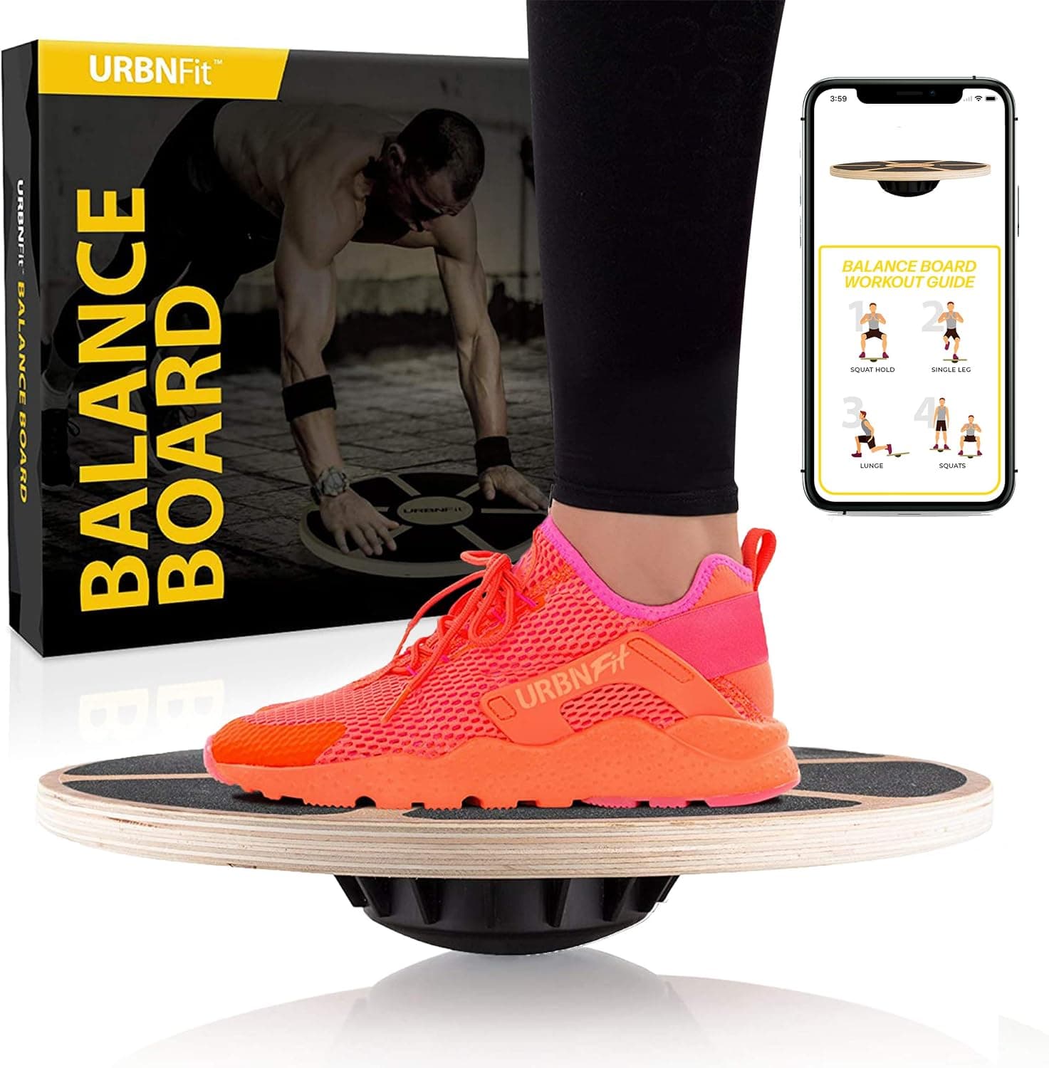 URBNFit Balance Board Trainer - Wooden Wobble Balancing Board for Core Stability, Strength Training & Flexibility