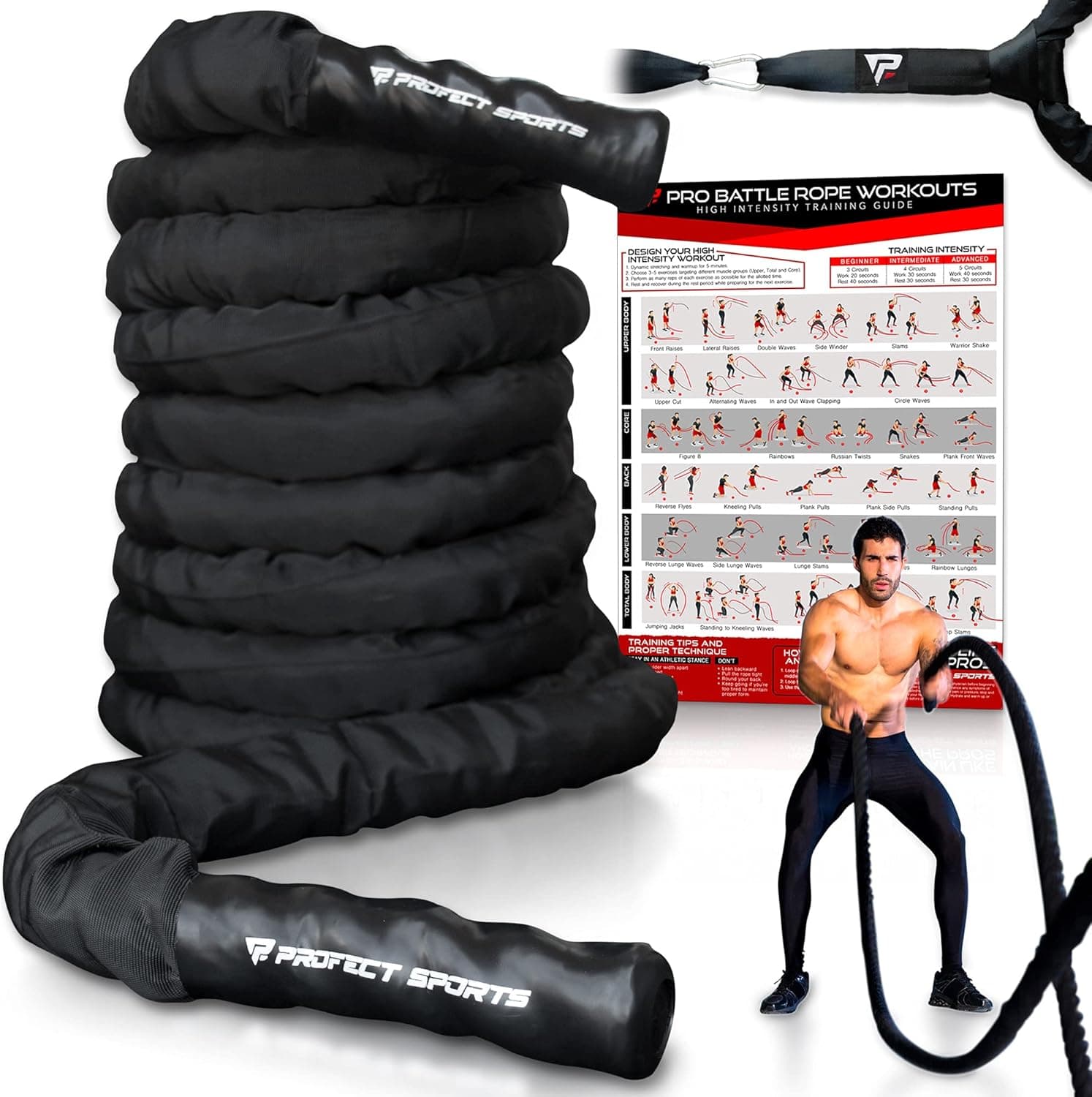 Pro Battle Ropes with Anchor Strap Kit and Exercise Poster, Poly Dacron, 1.5" x 30 ft