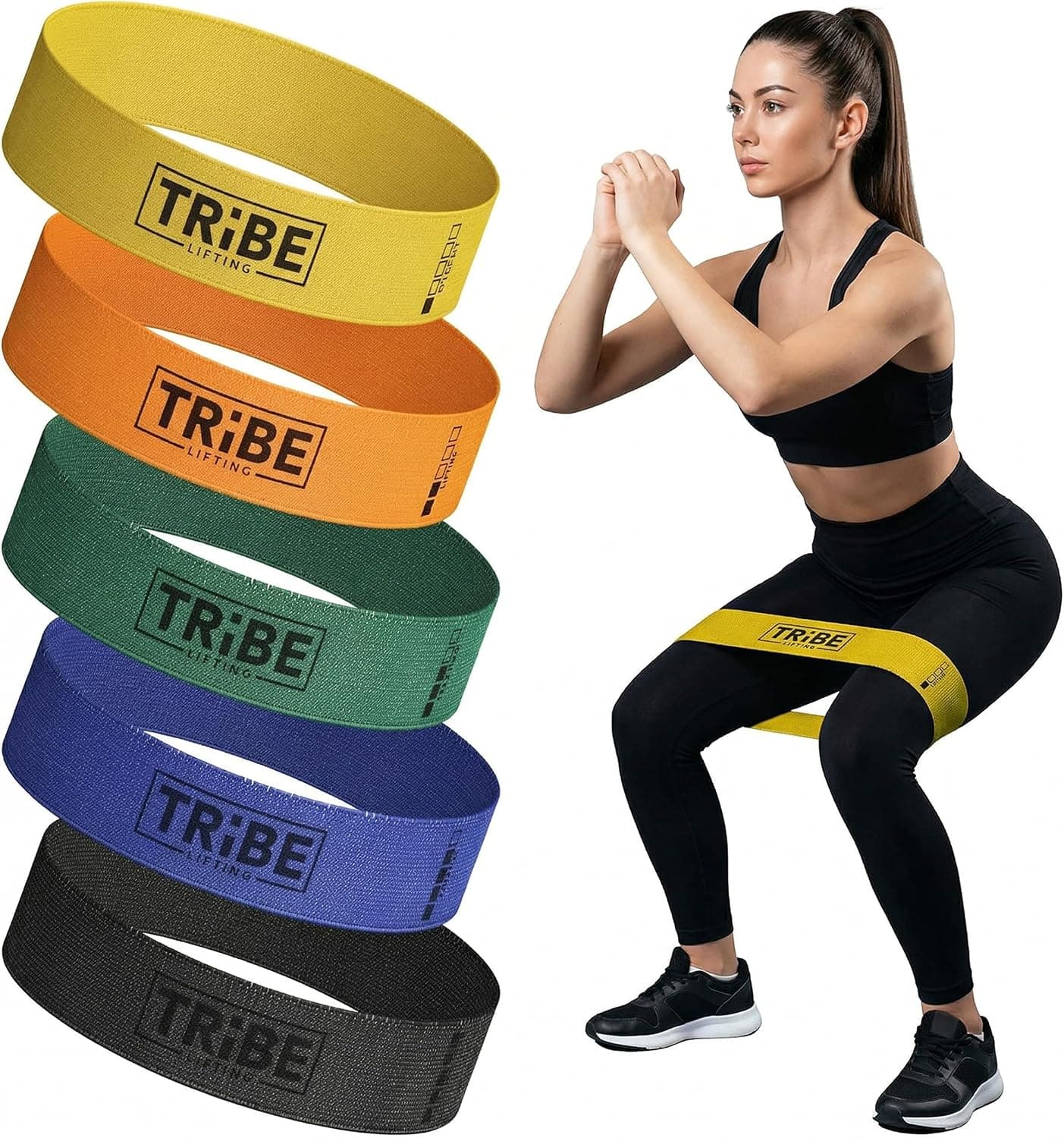 Tribe Lifting Fabric Resistance Bands - 5 Exercise Bands Set for Legs and Glutes, Booty Bands