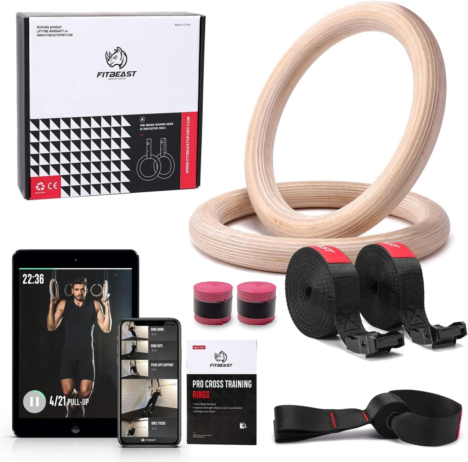 FitBeast Wood Gymnastic Rings with Adjustable Straps