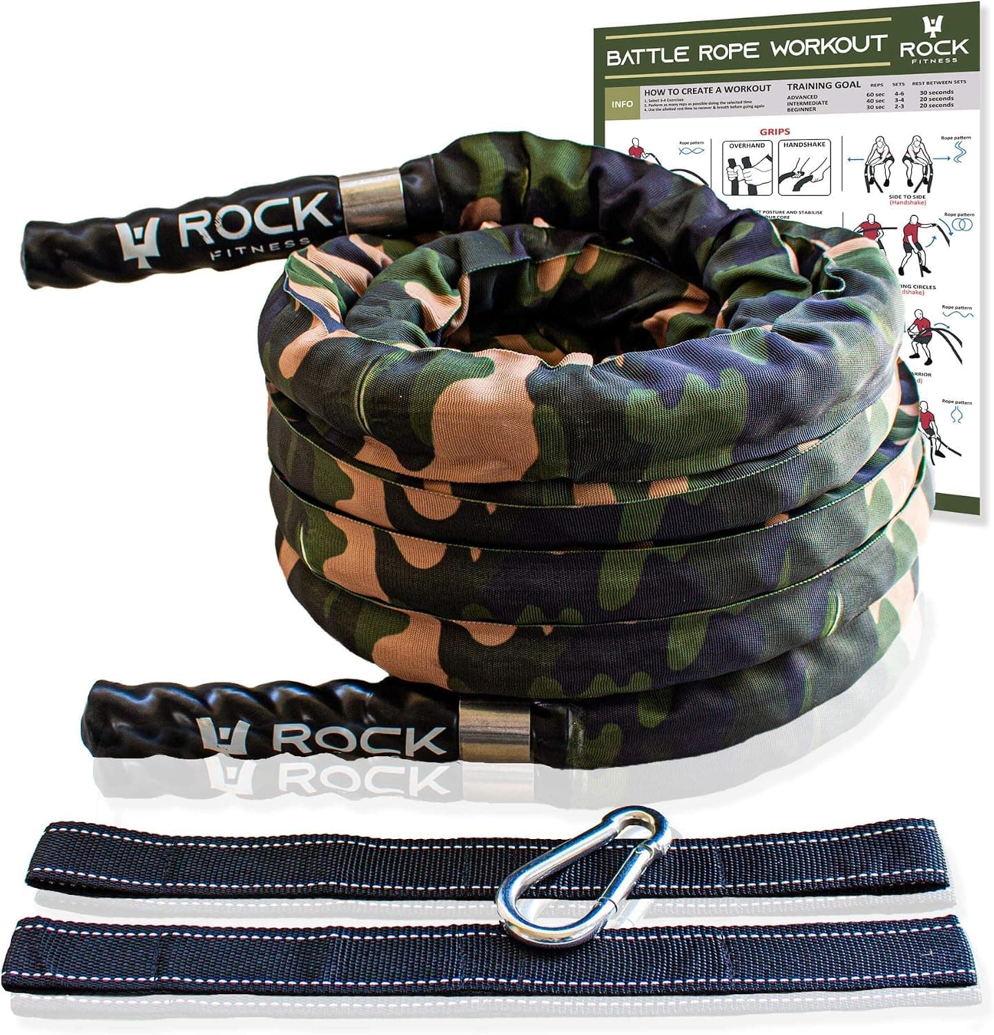 Rock Fitness Battle Ropes with Anchor Kit, Camo Protective Sleeve, 1.5 inch x 30 ft