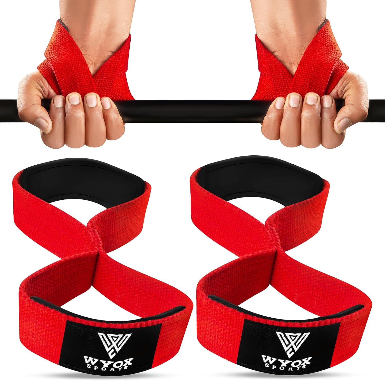 WYOX Figure 8 Weight Lifting Straps for Weightlifting Heavy Duty Deadlifting Workout Straps (Red, Standard)