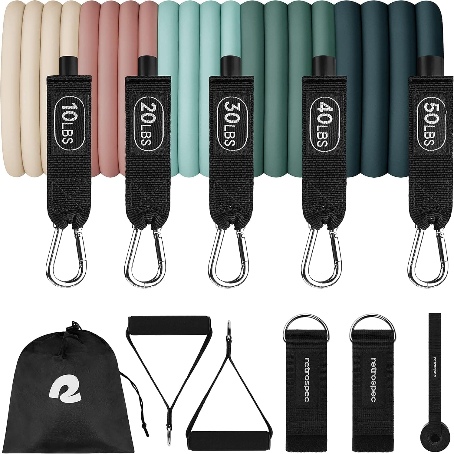 Retrospec Train Resistance Bands Set - 5 Stackable Bands, Handles & Door Anchor