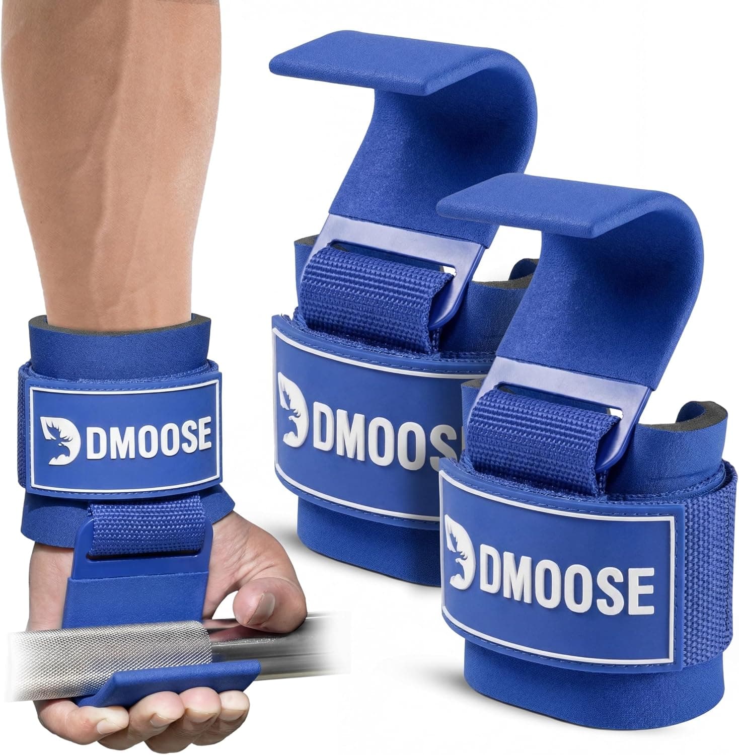 DMoose Fitness Weight Lifting Hooks (Pair) for Deadlifts, Pull Ups, Rows & Shrugs - Anti-Rip Nylon Strap with Thick Wrist Padding