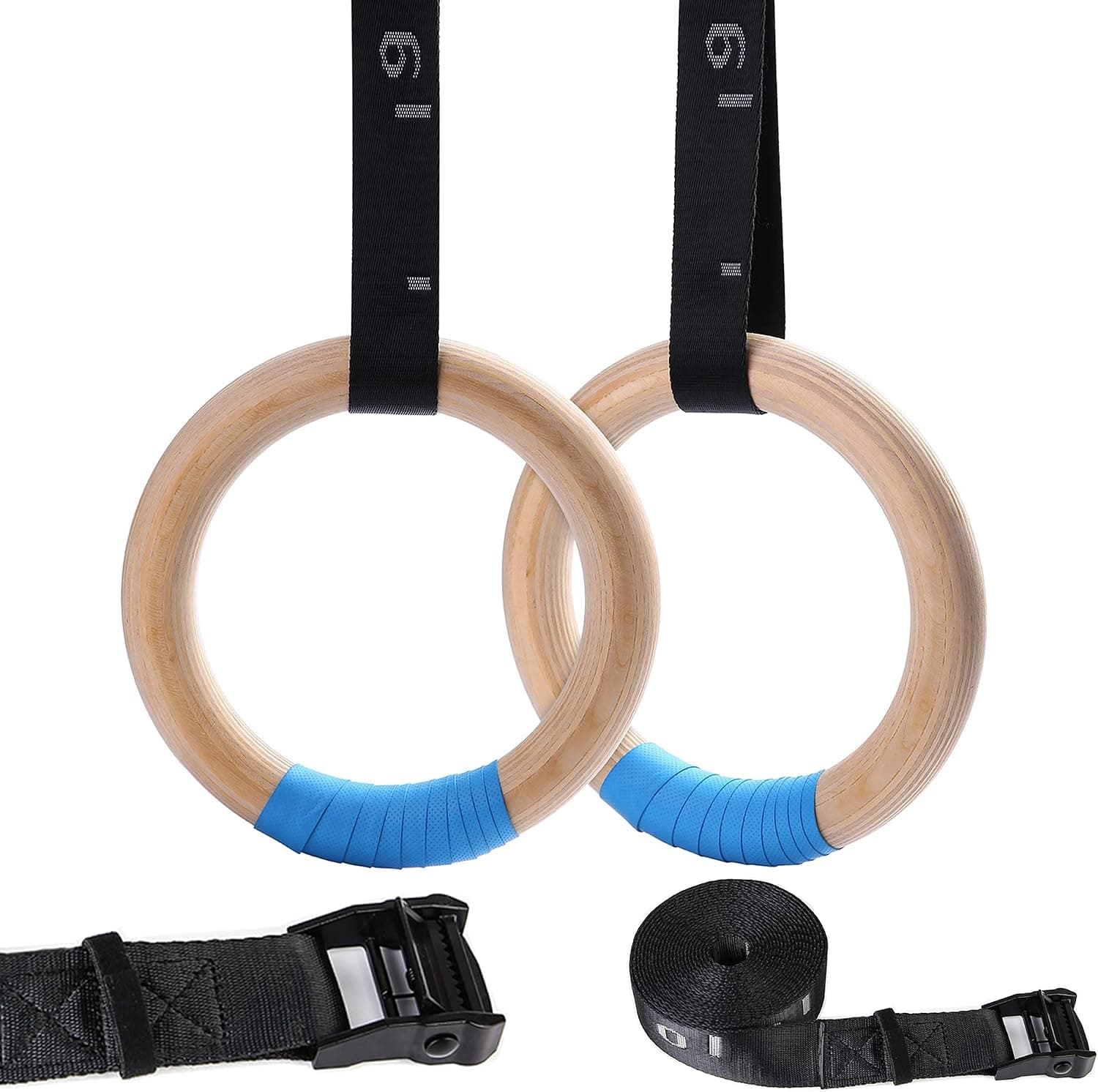 YOELVN Wooden Gymnastic Rings with Adjustable Suspension Straps