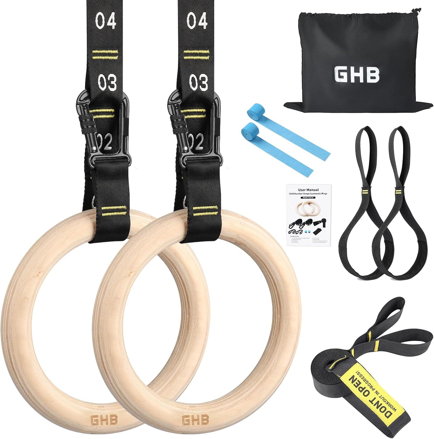 GHB Gymnastic Rings Wooden Gym Rings 1.25in with Adjustable Straps