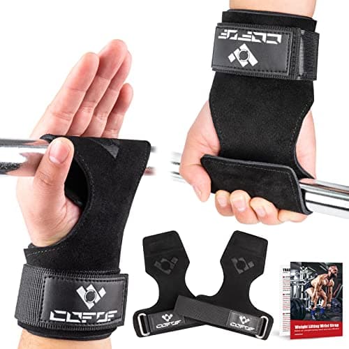Weight Lifting Wrist Strap, Double-Layer Leather for Deadlift Powerlifting | Gym Strap with Adjustable Neoprene Padded Fit for 6.3"-8" Wrist, 8.07" Leather Strap, Gym Workout Lifting Hook (Pair)