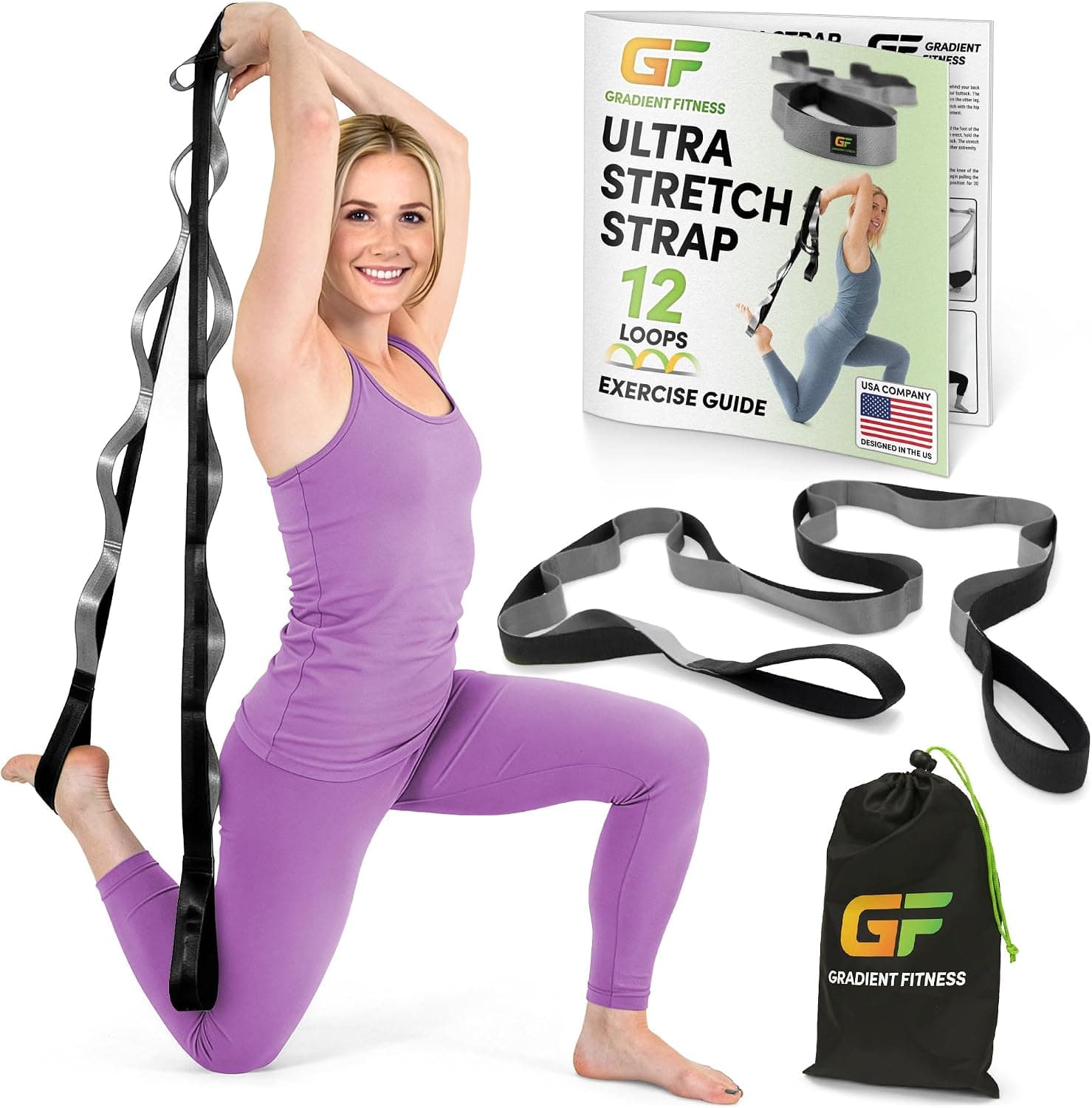 Gradient Fitness Stretching Strap for Physical Therapy, 12 Multi-Loop Stretch Strap 1.5"W x 8'L, Neoprene Handles
