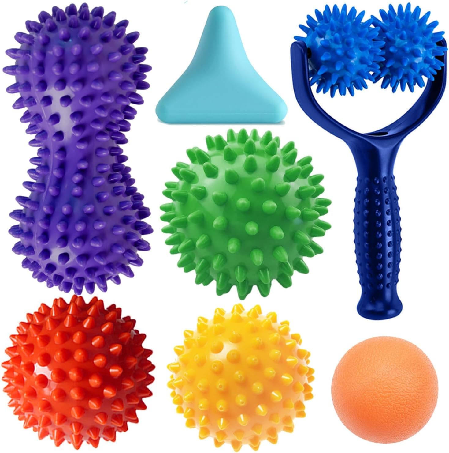Massage Ball Set for Myofascial Trigger Point Release - Kit of 7, Spiky Balls, Peanut Ball, Hand Roller, Lacrosse Ball