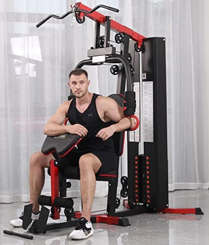 Fitvids Multifunctional Home Gym System Workout Station with Leg Extension and Preacher Curl, 122.5LB Weight Stack, M750, Multiple Pacakges