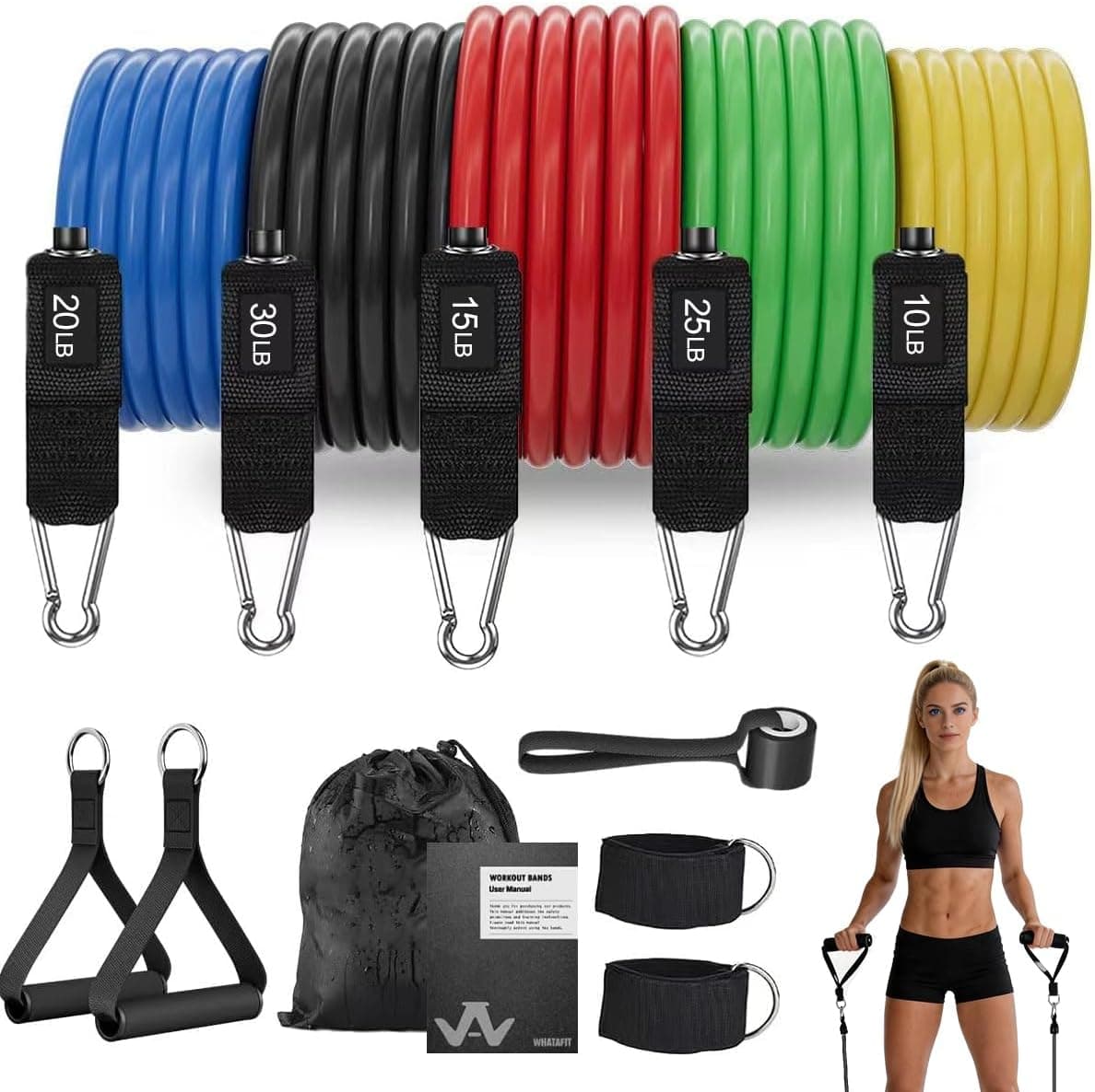 WHATAFIT Resistance Bands, Exercise Bands with Handles, Door Anchor, Workout Set for Home
