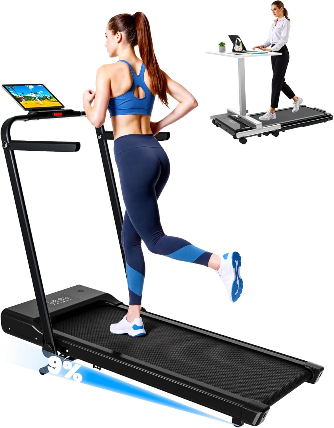 DeerRun Foldable Walking Pad Treadmill (9% Incline, Handlebar)