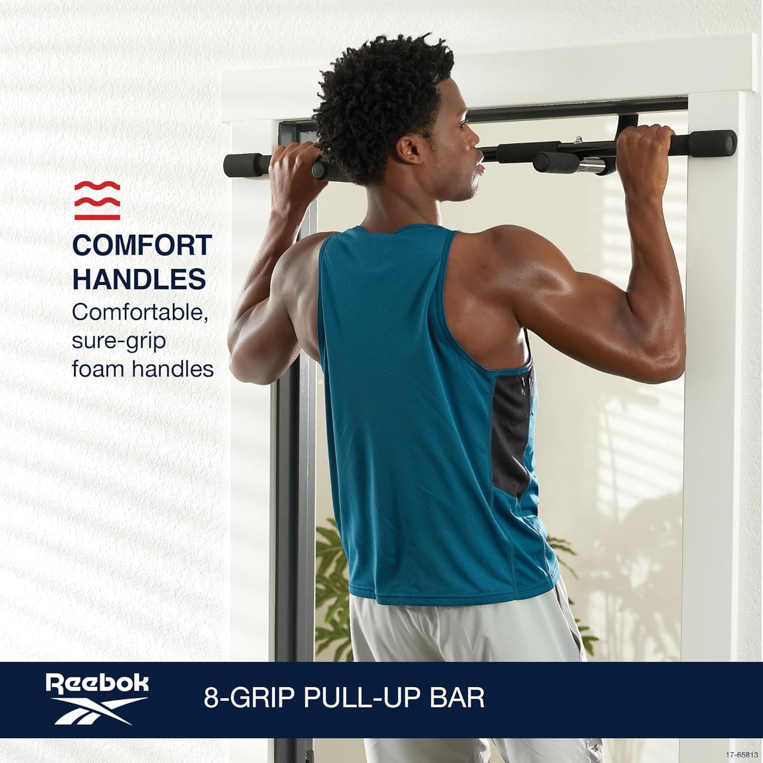 Reebok 8-Grip Pull-Up Bar, Multi-Function Door Frame, Foam-Padded Handles