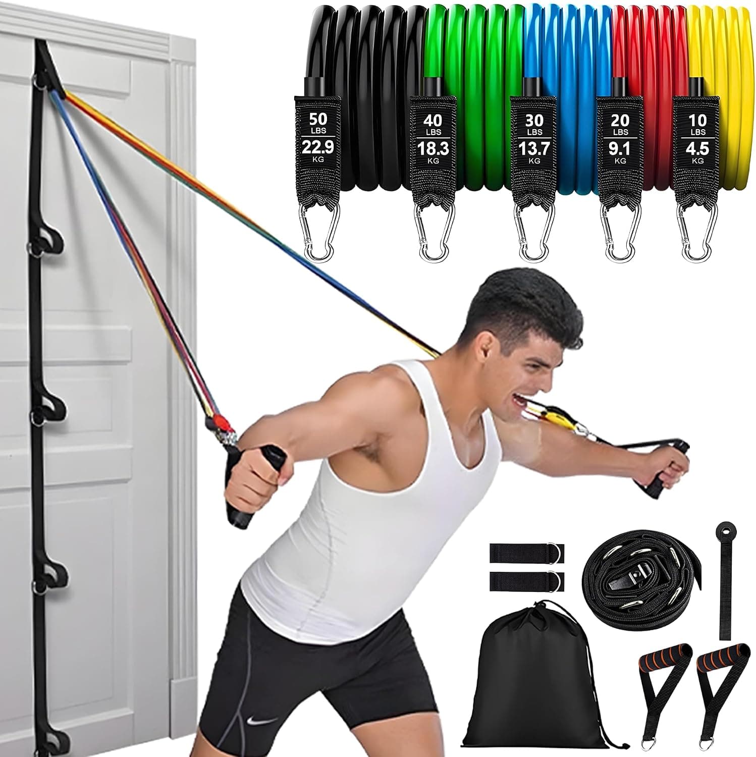 Resistance Bands Set with Door Anchor Training System, 5 Colors Stackable up to 150 LBS