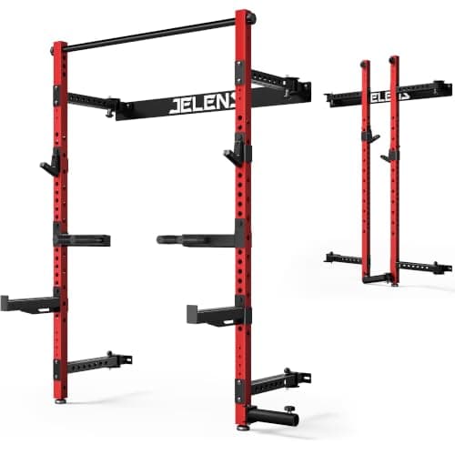 JELENS FS01 Folding Squat Rack, Wall Mounted Power Rack for Home Gym, Space Saving Multi-Functional Power Cage with More Attachments (Red, FS01 Squat Rack)