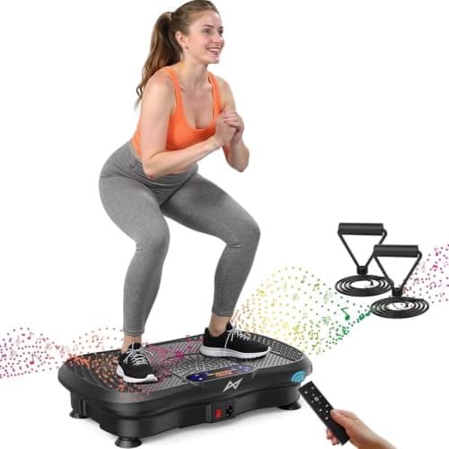 AXV Vibration Plate Exercise Machine Fitness Platform Body Vibrating Board | Powerful 200W Bluetooth Oscillating Curved Design Shake Plate for Lymphatic Drainage Recovery Whole Body Toning With Handles