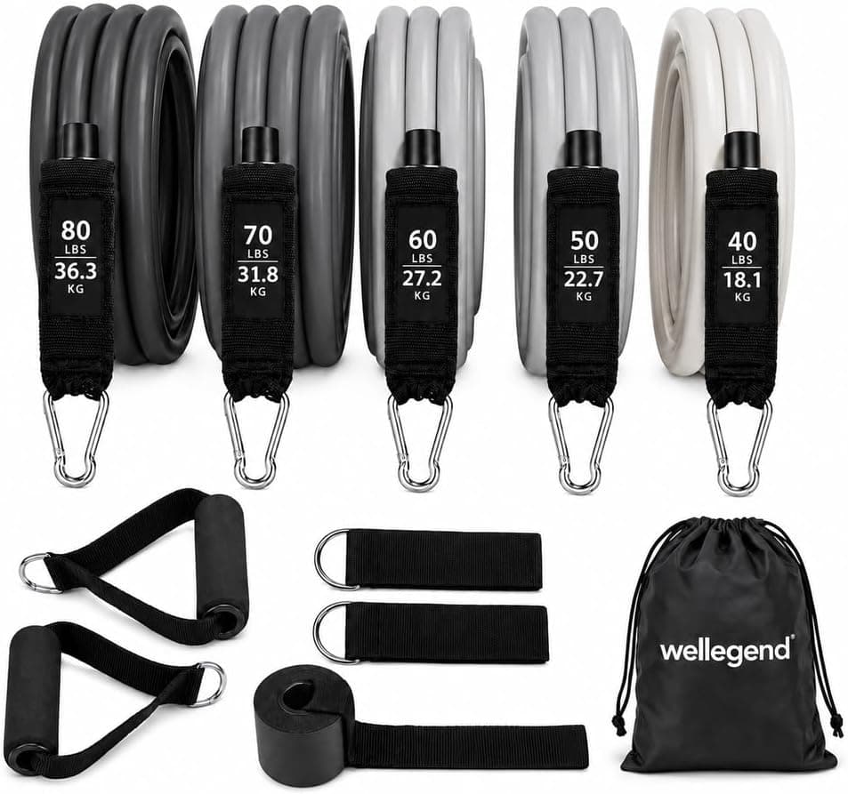 WELLEGEND Resistance Bands Set with Handles, Door Anchor, Ankle Straps, 300 LBS Stackable 5-Tub