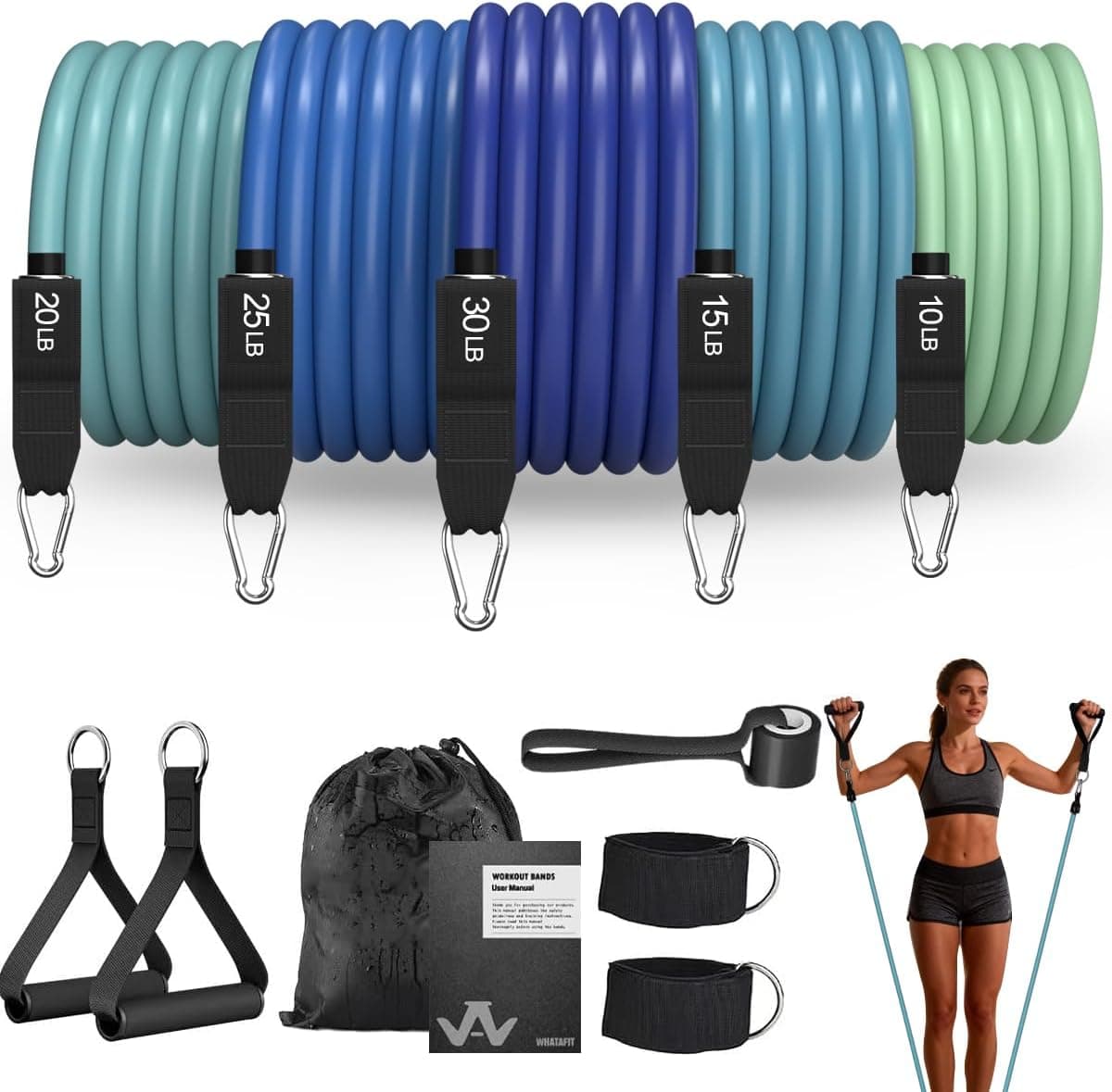 WHATAFIT Resistance Bands Set 17 pcs (Handles, Door Anchor)