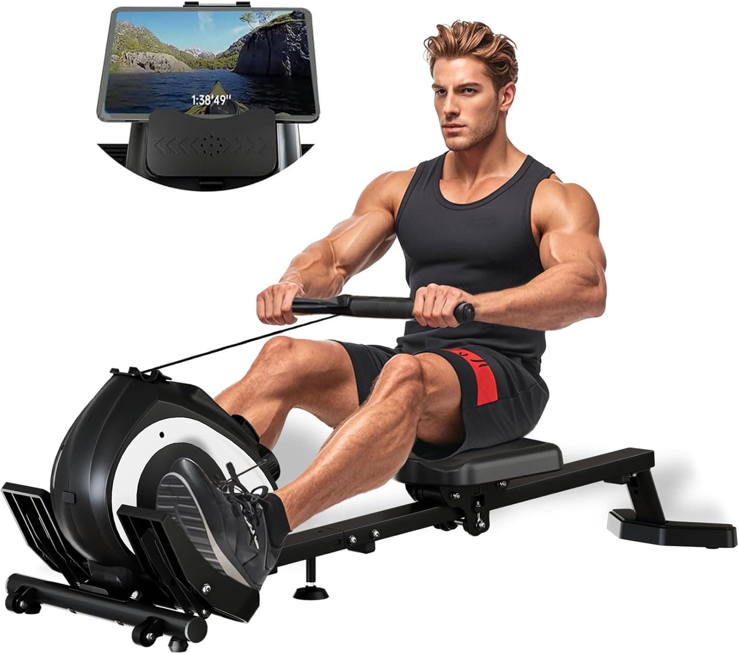 Magnetic Rowing Machine for Home, Adjustable 8-Speed Booster, Supports Up to 265 LBS, Phone/Tab