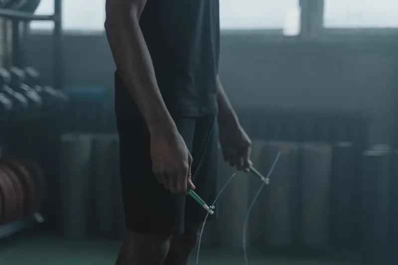 Athlete preparing for a jump rope workout in a dimly lit modern gym