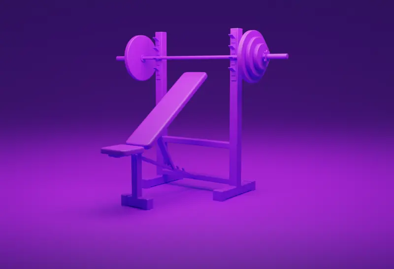 Purple single gym bench press set with barbell and weights in a studio background