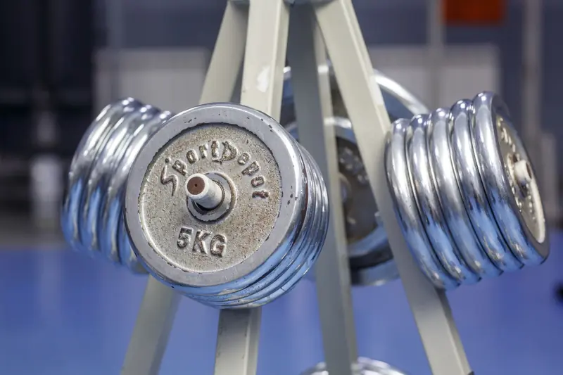 Close-up of chrome dumbbells on a gym rack displaying 5kg weights